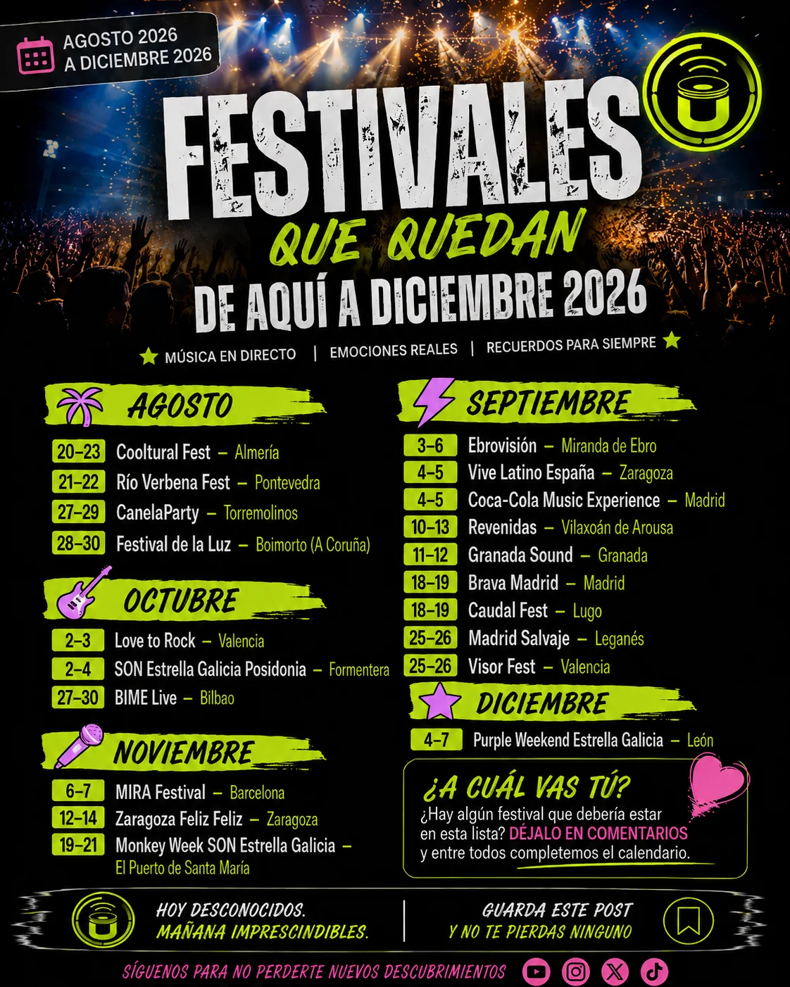 Calendario visual con los festivales que quedan en España en 2026 de agosto a diciembre